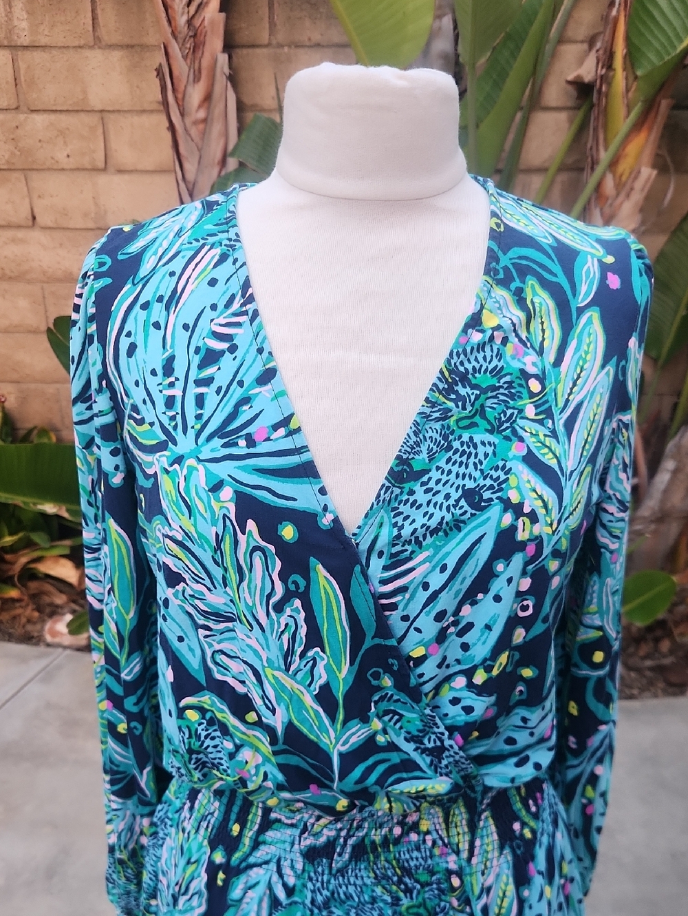 Lilly Pulitzer Tally Smocked Dress Catty Purrsonality Blue Long Sleeve Medium - Picture 2 of 11
